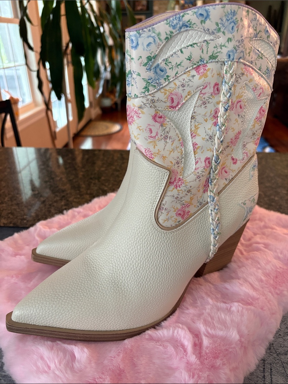 ARULA Cream Western Ankle Boots with Pastel Floral Shaft